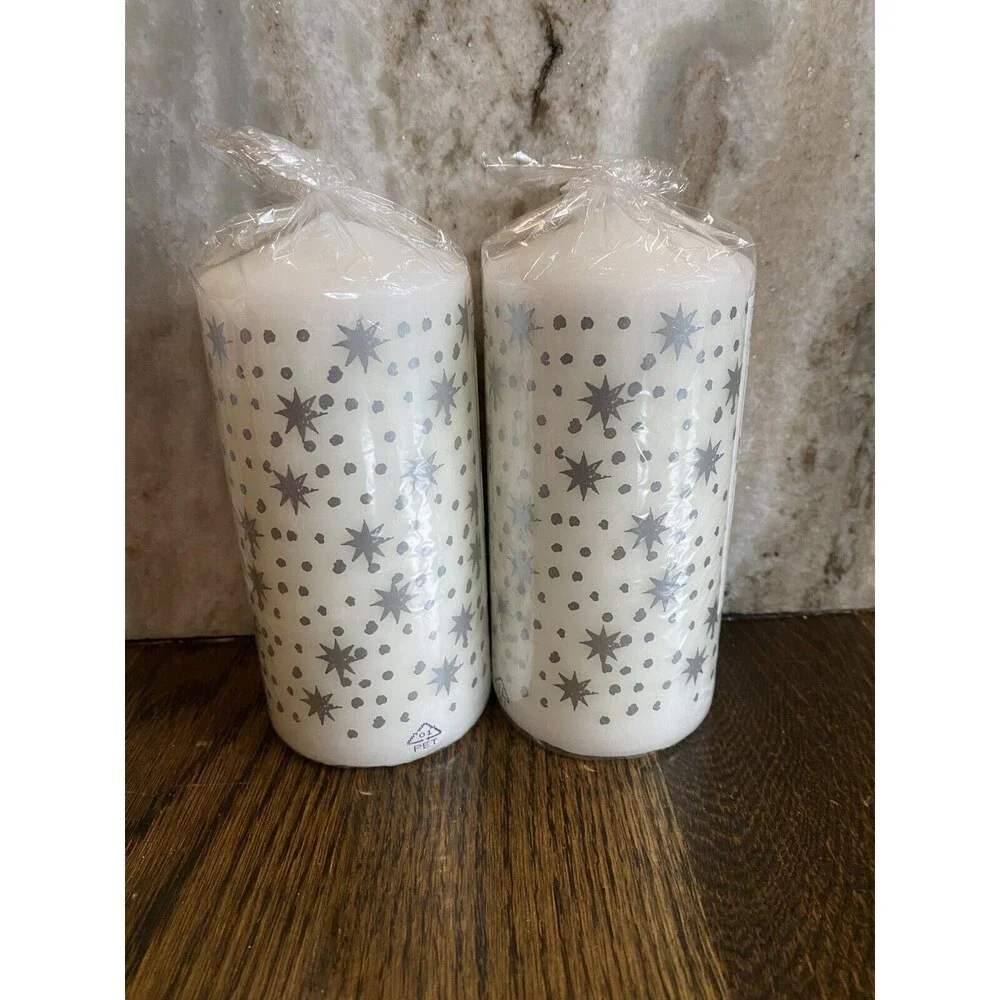 Ikea Vinterfint Candle Set of 2 Silver Star Pillar 605.518.95 Unscented